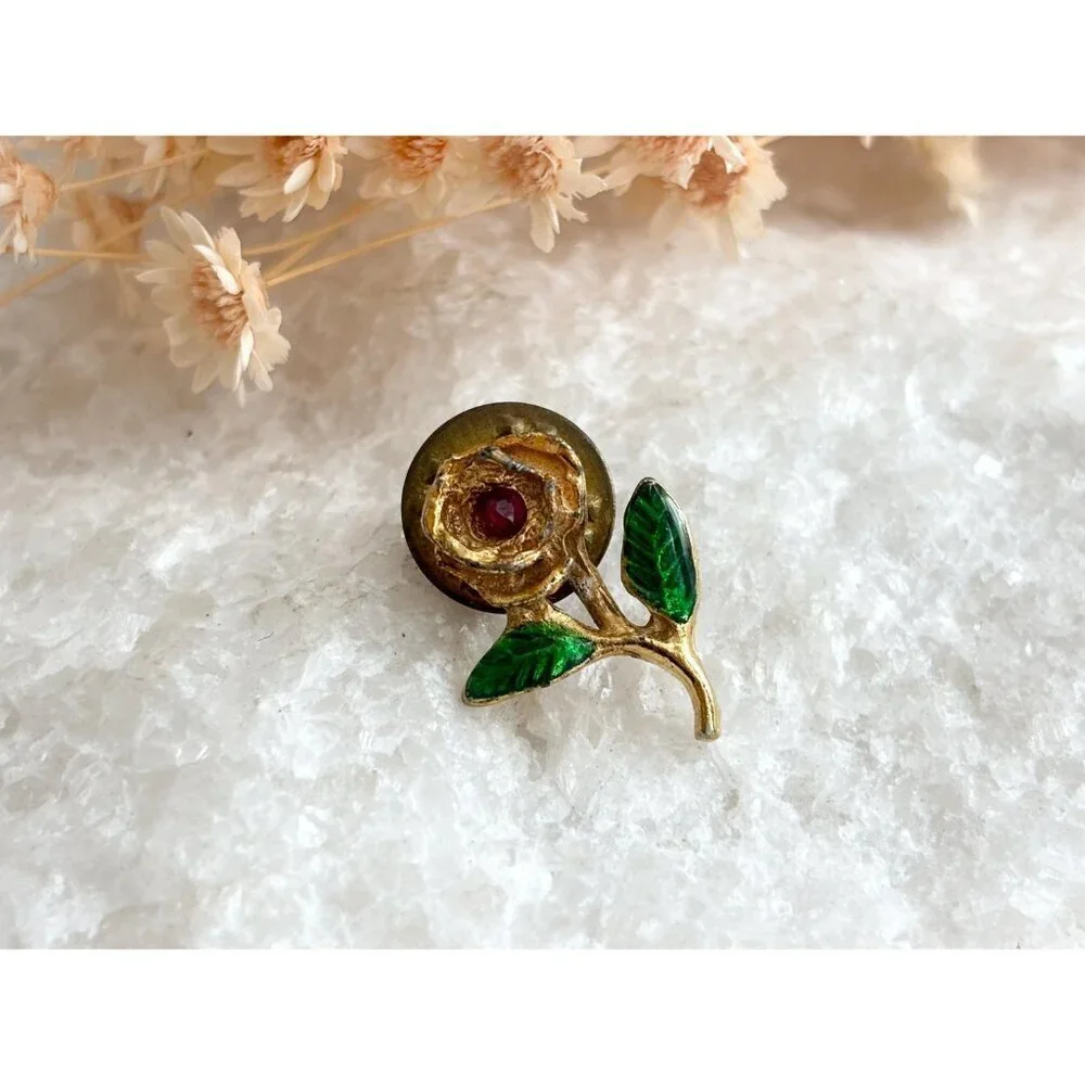 Gold Toned Rosebud Green Enameled Vintage Cute Costume Jewelry Brooch